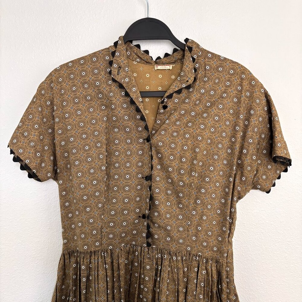 Mode O'Day 1950s Vintage Fit and Flare Midi Dress Brown Calico Print Size S/M - Picture 2 of 10